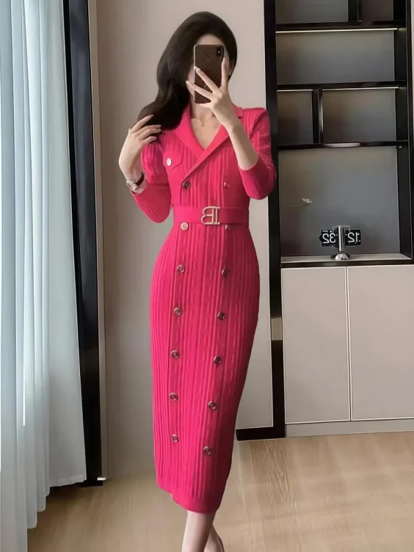 Abito da donna coreano solido doppio petto a maniche lunghe autunno inverno ufficio signora elegante festival abiti lavorati a maglia moda per il tempo libero 2