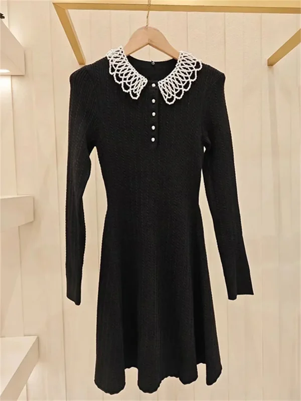 Abito da donna nero intrecciato con perline colletto Peter Pan manica lunga Lady Slim lavorato a maglia Mini abito autunno 2025 3