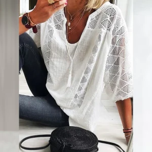 Tunica in cotone e lino da donna Top con scollo a V manica a 3/4 T-shirt allentata casual Moda donna Abbigliamento quotidiano 2023 1