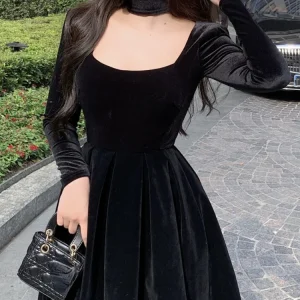 CJFHJE Black Velvet Evening Party Midi Dresses France Vintage Elegant Lady Dress New Winter coreano One Piece Dress donna autunno 1
