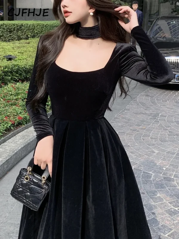 CJFHJE Black Velvet Evening Party Midi Dresses France Vintage Elegant Lady Dress New Winter coreano One Piece Dress donna autunno 1