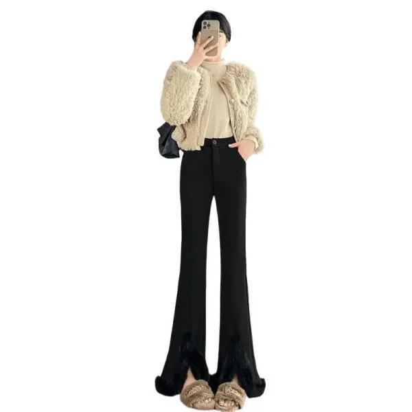 Pantaloni svasati in pelliccia sintetica a vita alta Autunno Inverno Pantaloni foderati in pelo di coniglio stile casual Pantaloni Harlan Tessuto stampato/tessuto tinto 5