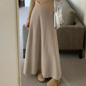Gonna a ombrello versatile lavorata a maglia Gonna a trapezio drappeggiata francese a vita alta elastica nuovo stile autunno e inverno da donna 1