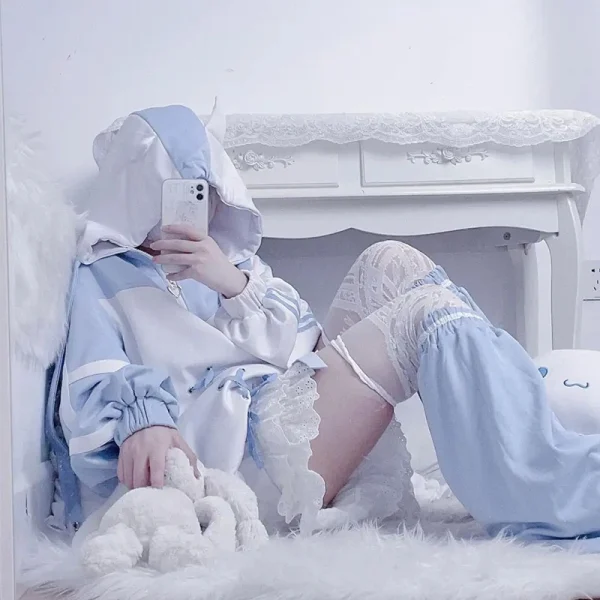 Ragazze Stitch Donna Abbigliamento Sottocultura Felpa con cappuccio giapponese Blu Bianco Autunno Donna Felpe Cerniera Inverno y2k Abbigliamento Felpe con cappuccio 3