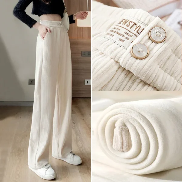 Pantaloni a gamba larga foderati in pile da donna Autunno Inverno Velluto a coste Dimagrante Pantaloni casual drappeggiati alla moda 2