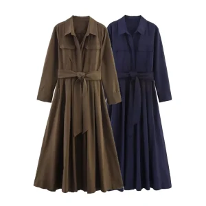 Abito da donna Autunno 2025 Nuovo colore solido Camicia a maniche lunghe Stile A-Pendulum Abito Cintura Decorazione Personalità della moda casual 1