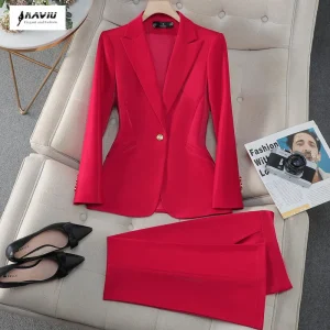 NAVIU 2025 Nuovo Rosso Nero Cachi Moda Donna Tailleur pantalone Manica lunga Solid Lady Blazer e pantaloni Formale Set da 2 pezzi per la primavera 1