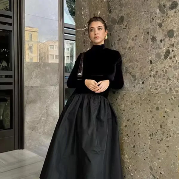 Abito lungo patchwork in velluto moda donna elegante colletto semi-alto abiti da sera per feste 2025 nuovi abiti neri a maniche lunghe 3