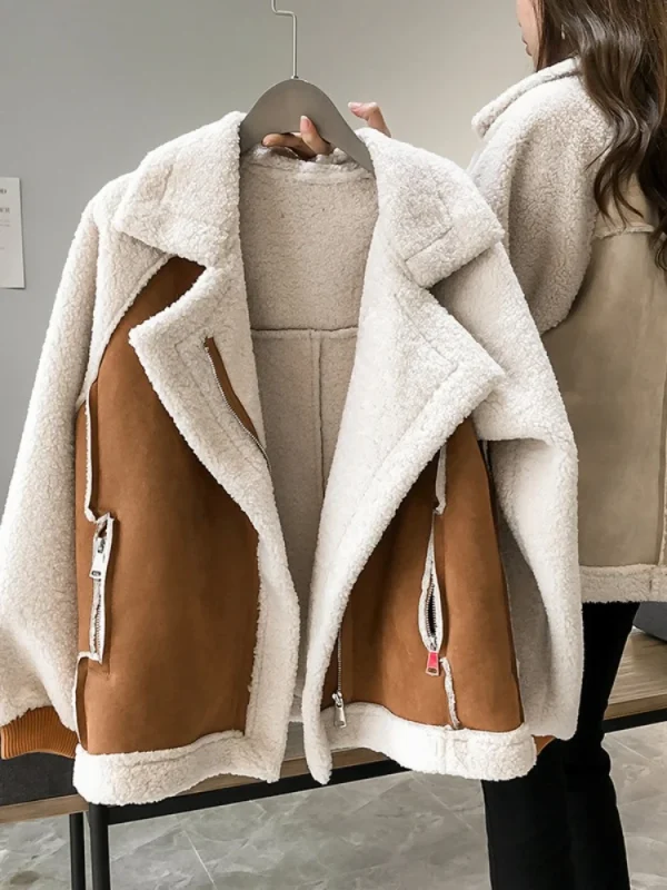 Autunno Inverno Nuovo in giacca in pelle scamosciata integrata in pelliccia retrò allentata da donna corta casual calda giacca da motociclista in pile di agnello 1