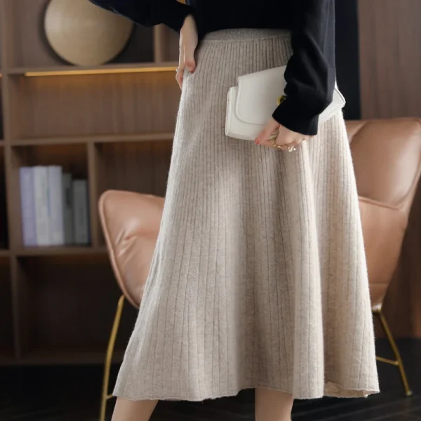 2025 Autunno Nuovo a vita alta 100% pura lana gonna lunga a pieghe gonna base in maglia da donna pacchetto moda anca A-Line gonna grande in cashmere 6