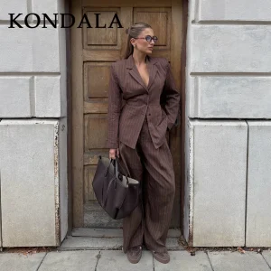 KONDALA 2025 Autunno Inverno A righe Office Lady Abiti Moda Elegante Marrone Telai Allentati monopetto Blazer Chic Pantaloni a gamba larga 1