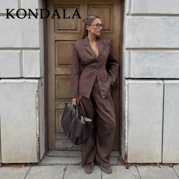 KONDALA 2025 Autunno Inverno A righe Office Lady Abiti Moda Elegante Marrone Telai Allentati monopetto Blazer Chic Pantaloni a gamba larga 1