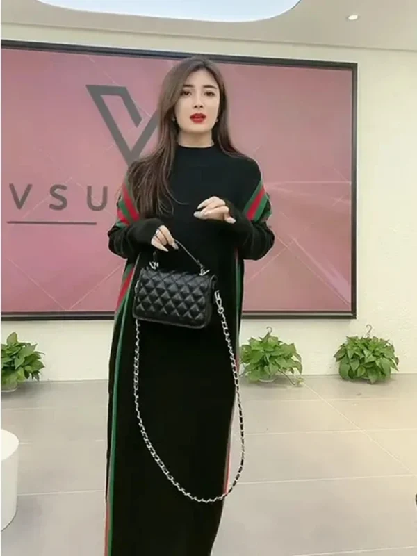 Maglieria casual a strisce Abiti midi larghi Elegante mezzo dolcevita Abito lavorato a maglia Maglione Autunno Inverno Abiti da donna coreani 2