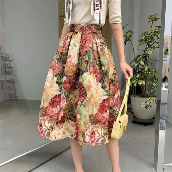 Floreale elegante Chic a vita alta abito da ballo a-line gonna allentata da donna gonne lunghe al ginocchio per abbigliamento donna moda 2024 2