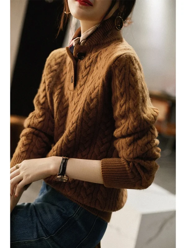 Pullover lavorato a maglia Top maglione, colletto rialzato, risvolto semiaperto, trama intrecciata, puro Cashmere, Baseball, elegante 3