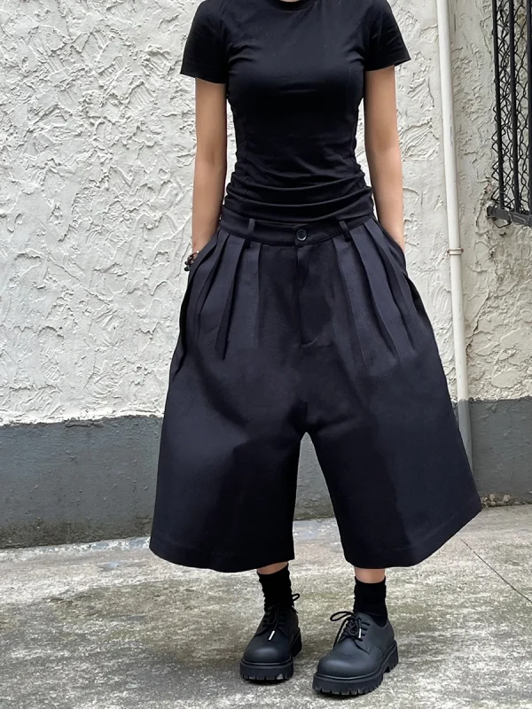 REDDACHiC Pantaloni larghi neri unisex da donna Bloomers a vita alta pieghettati sul davanti tinta unita casual pantaloni corti a gamba extra larga Acubi Fashion 5