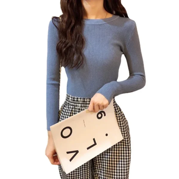 Camicia base da donna a maniche lunghe slim fit Elasticità Maglione lavorato a maglia stile base in puro colore Autunno Inverno Nuovo arrivo Versi coreano 5