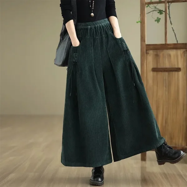 Pantaloni a gamba larga in velluto a coste Primavera Autunno da donna Pantaloni larghi taglie forti Culottes Tasca alla moda Gonna pantalone in vita elastica Donna 2