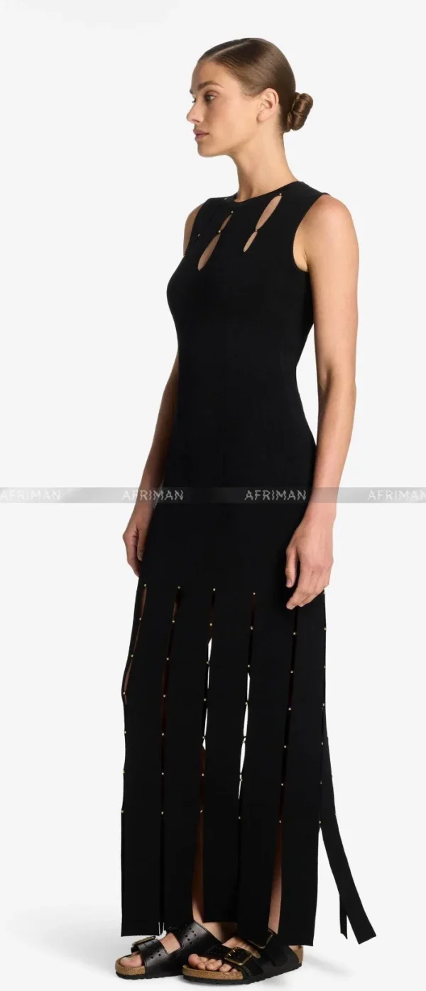 Abito da donna lungo con spacco in maglia elasticizzata scavata impreziosito da donna 2