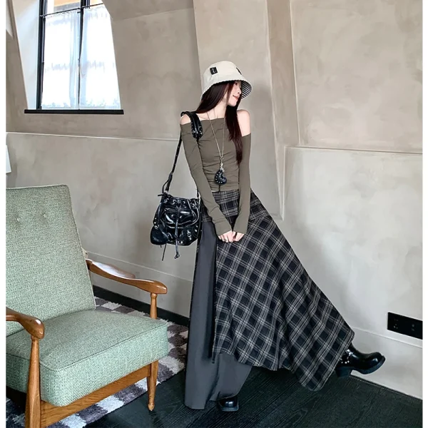 MEXZT Y2K Gonna longuette scozzese Donna Harajuku Vintage Asimmetrico Gonne divise Autunno Inverno Grunge Coreano Patchwork Design Faldas 6