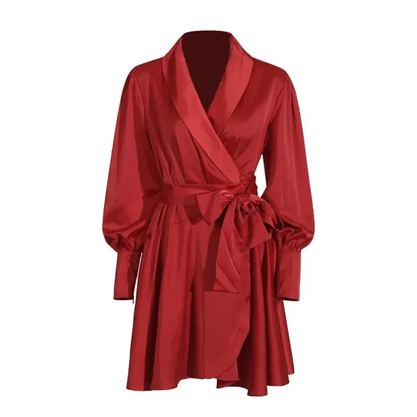 Elegante abito legato di fascia alta da donna Autunno 2024 Nuovo risvolto con superficie in raso Colori solidi Abito camicia Mini abito 4