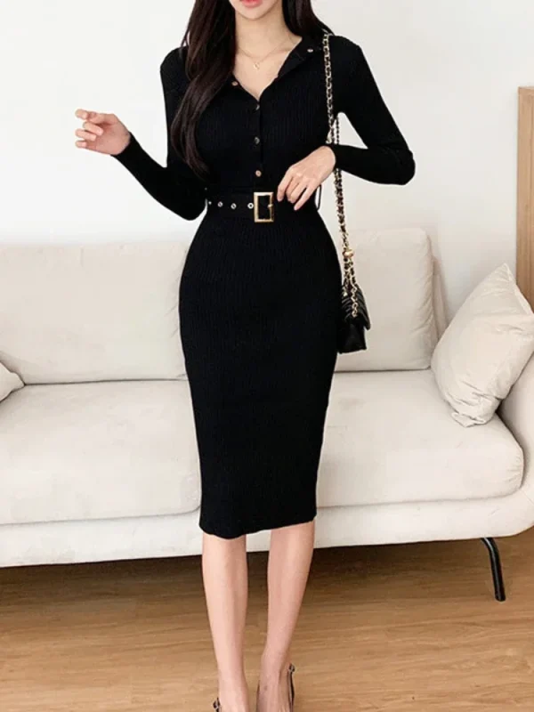 Abito aderente a maniche lunghe con colletto alla coreana monopetto elegante e sexy, abiti autunnali invernali attillati in maglia elasticizzata tinta unita 4