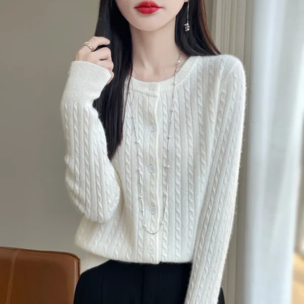 Autunno Inverno O-Collo Donna 100% maglione di lana merino Nuovo cardigan lavorato a maglia a trecce casual Top donna maglione di cashmere 4