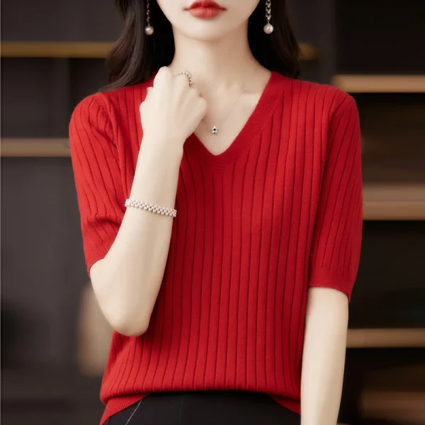 Maglione da donna Primavera Estate Manica corta Camicia in maglia con scollo a V Pullover coreani casual Camicia con fondo a righe Maglioni slim fit 5
