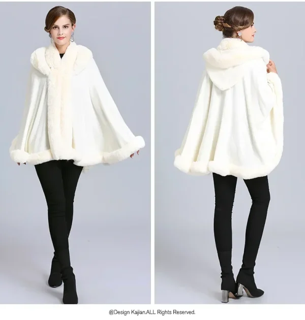 6 colori Scialle invernale Caldo e spesso Cappotto avvolgente con cappello Donna Pelliccia di coniglio sintetica Poncho allentato Mantello Cardigan a pendolo grande 5
