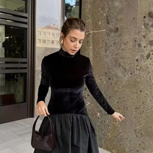 Abito lungo patchwork in velluto moda donna elegante colletto semi-alto abiti da sera per feste 2025 nuovi abiti neri a maniche lunghe 5