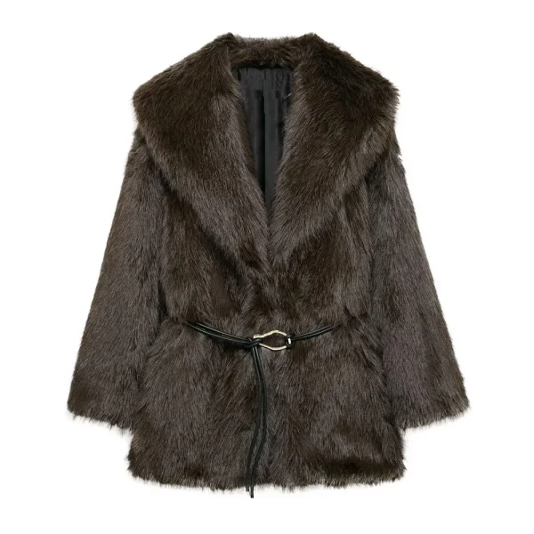 Cappotto medio lungo da donna con colletto decorativo con cintura tinta unita Cappotto ampio a maniche lunghe autunno/inverno 4