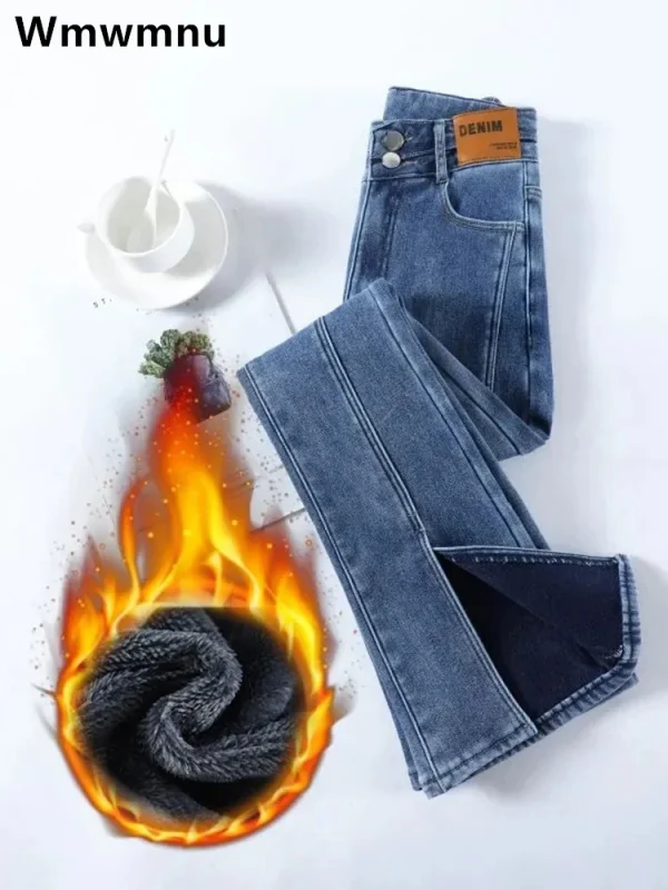 Pantaloni in denim skinny con bottoni addensati Inverno più jeans svasati divisi foderati in velluto Vita alta Vaqueros caldi Pantalones casual coreani 1
