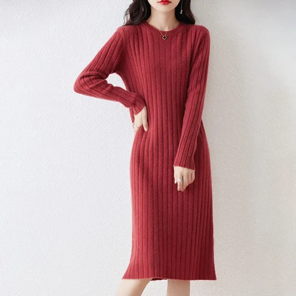 Abito in maglia di pura lana al 100% Gonna maglione sottile al ginocchio autunno e inverno da donna con gonna a fondo 2