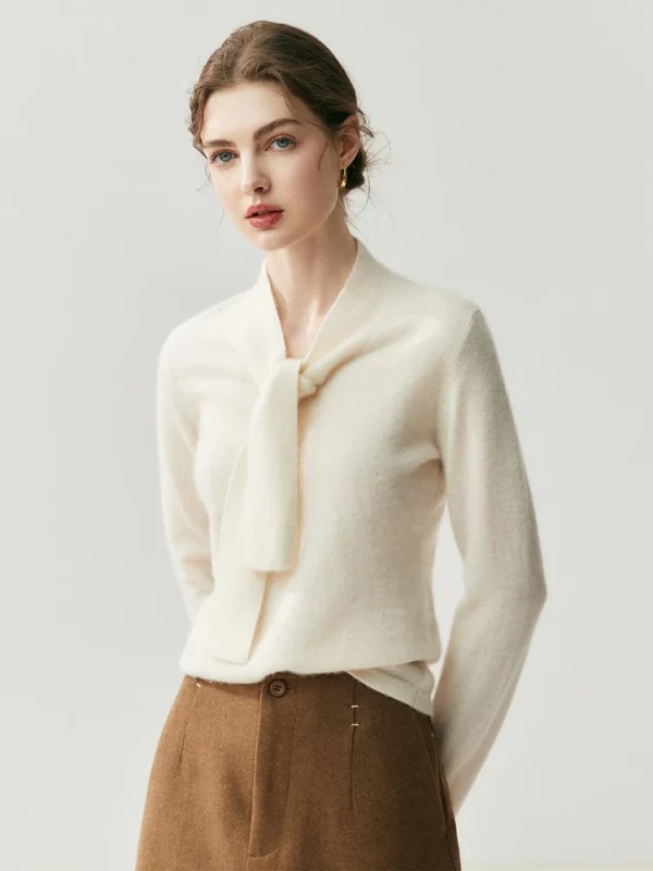 CHICUU Maglione pullover con colletto con lacci da donna 100% maglia di cashmere Office Lady Maglieria basic in cashmere a maniche lunghe Autunno Inverno 5