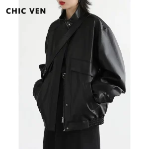 CHIC VEN Giacca da donna a maniche lunghe Solido colletto alla coreana spesso PU Cappotto in ecopelle Top femminile Cappotto trapuntato Autunno Inverno 2024 1