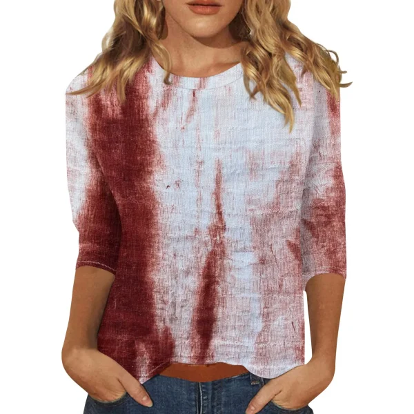 Halloween Elements T-shirt stampata da donna Moda Casual Girocollo Manica a 3/4 Sfumato rosso Tie-Dye Allentato Party Gathering Top 4