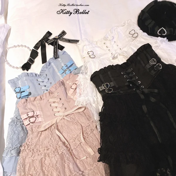 Minette giapponesi stile dolce carino pizzo splicing lace-up cuore fibbia in PU vita alta sottile a-line versatile Lolita gonne corte da donna 3