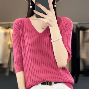 Maglione da donna Primavera Estate Manica corta Camicia in maglia con scollo a V Pullover coreani casual Camicia con fondo a righe Maglioni slim fit 1