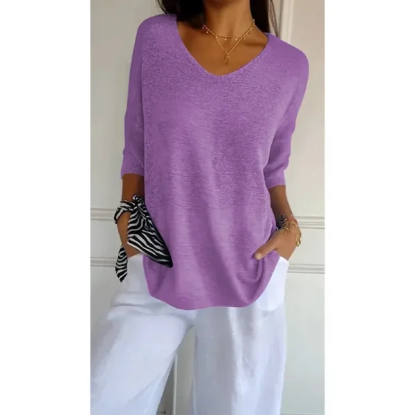 Women's Knitted Base Layer Top Casual Sweater V-Neck Slimming Seven-Half Sleeve Solid Color Top For Summer Thin Section 3
