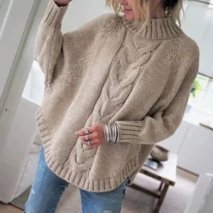 Maglione cavo di ispirazione vintage da donna, vestibilità ampia, collo alto, pullover autunno inverno, stile casual, per tutti i giorni, autunno inverno 1