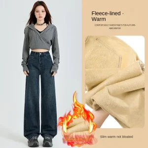 Jeans casual da donna vestibilità rilassata stile vintage pantaloni a gamba larga a vita alta pantaloni lunghi dritti drappeggiati pesanti autunno inverno 1