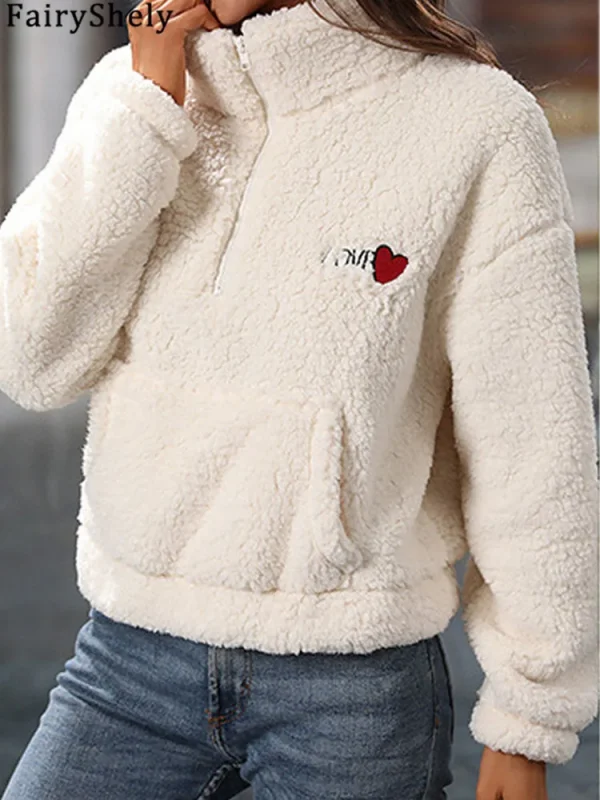 Fairyshely 2025 Autunno Inverno Bianco Felpe con cappuccio da donna Manica lunga con cerniera Felpa con cappuccio Casual Lady Felpa con cappuccio in peluche allentata Top 5