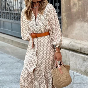 2025 Donna Autunno Inverno Elegante Casual Scollo a V Pullover Cintura Stampata Maniche a palloncino Slim Fit Abito di media lunghezza con cintura 1