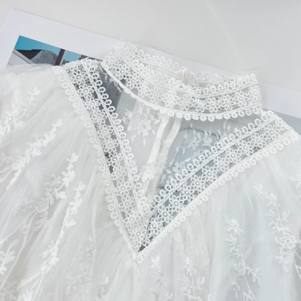 Abito da fata in pizzo bianco Donna Stile vittoriano vintage Manica lunga Collo semi-alto Abiti lunghi da donna romantici Vestido Branco 5