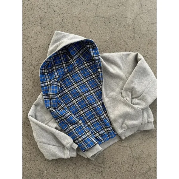 Felpe con cappuccio con cerniera a maniche lunghe con design scozzese popolare di nicchia per donna Felpa estetica casual hip-hop Y2K all-match 2025 5