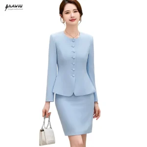 NAVIU Set di pezzi da traino Completi da donna 2024 New Officee Ladies Elegante O Collo Manica lunga Slim Blazer Solid e Gonna Abiti Blu 1