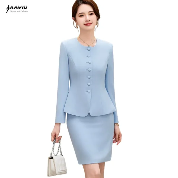 NAVIU Set di pezzi da traino Completi da donna 2024 New Officee Ladies Elegante O Collo Manica lunga Slim Blazer Solid e Gonna Abiti Blu 1