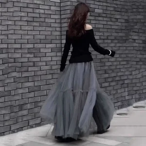 Gonna da donna in tulle con volant multistrato Gonna lunga soffice a pieghe a vita alta Abito da torta da fata Gonna lunga da festa con tutù 1