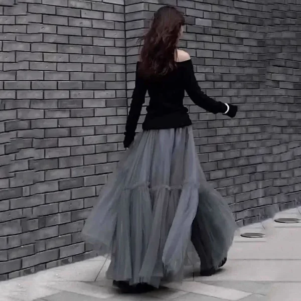Gonna da donna in tulle con volant multistrato Gonna lunga soffice a pieghe a vita alta Abito da torta da fata Gonna lunga da festa con tutù 1