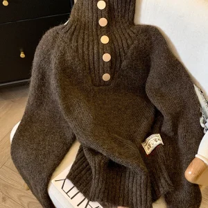 Maglione da donna in cashmere marrone Harajuku maniche lunghe dolcevita pullover maglioni maglione vintage Y2k anni 2000 vestiti moda inverno 1